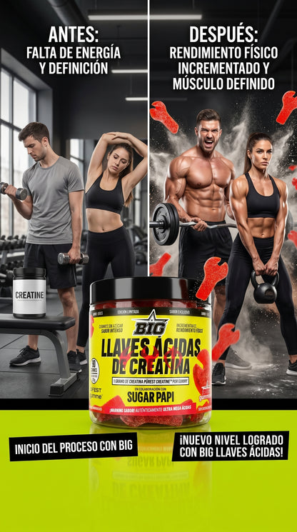 BIG LLAVES ÁCIDAS DE CREATINA Monohidrato | Rendimiento y Energía | 90 Gummies (Sabor Ácido)