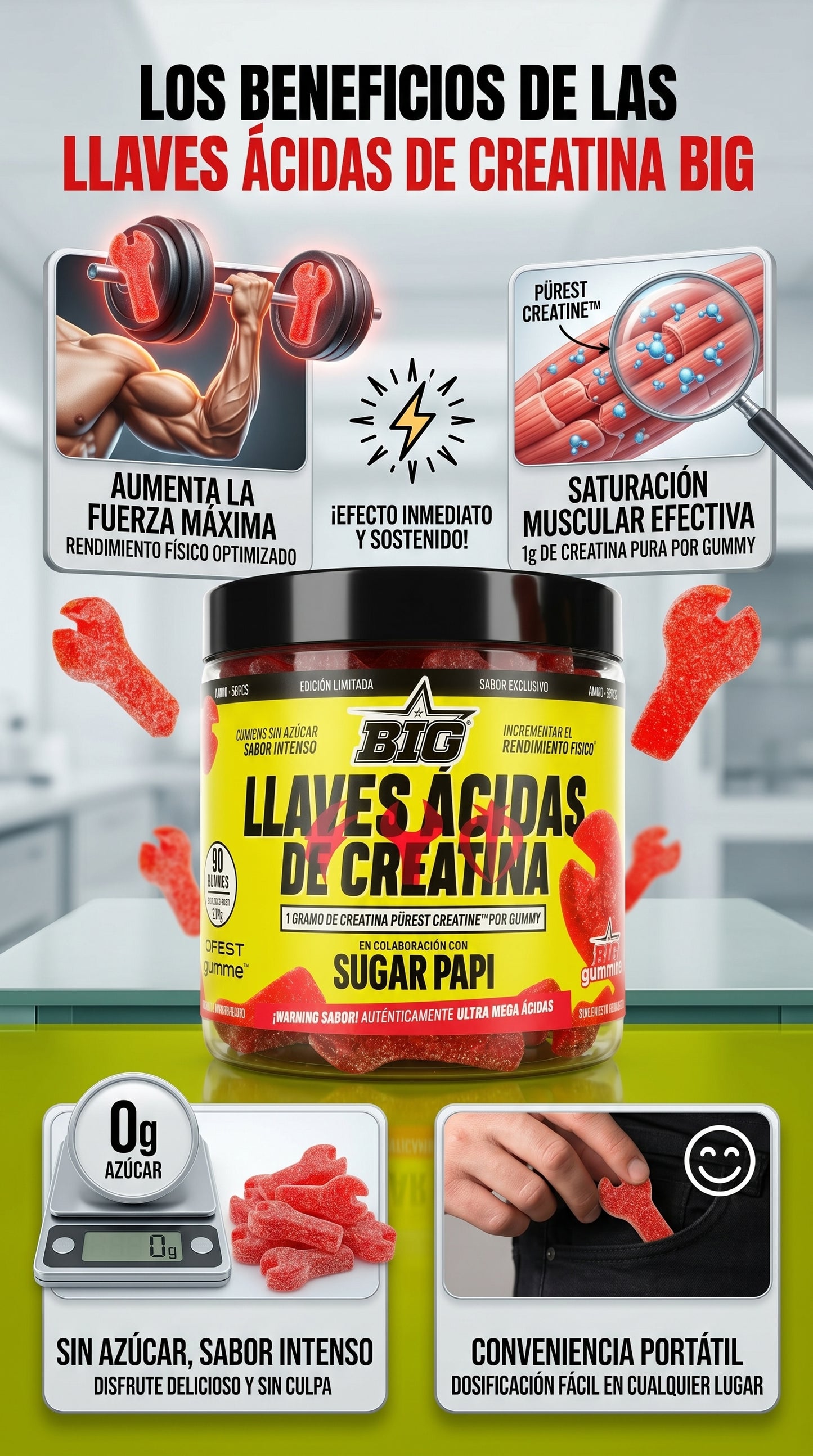 BIG LLAVES ÁCIDAS DE CREATINA Monohidrato | Rendimiento y Energía | 90 Gummies (Sabor Ácido)