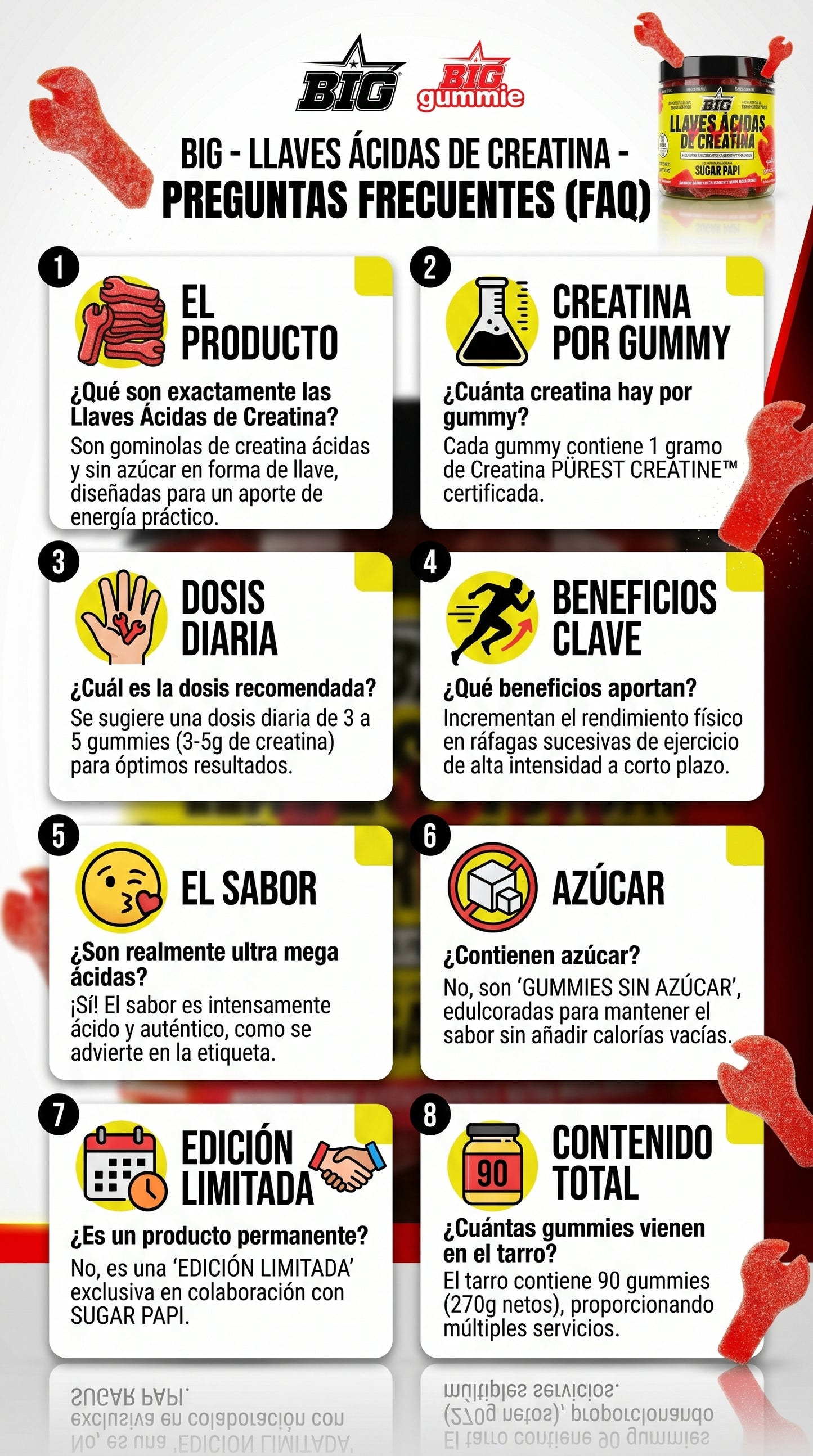 BIG LLAVES ÁCIDAS DE CREATINA Monohidrato | Rendimiento y Energía | 90 Gummies (Sabor Ácido)