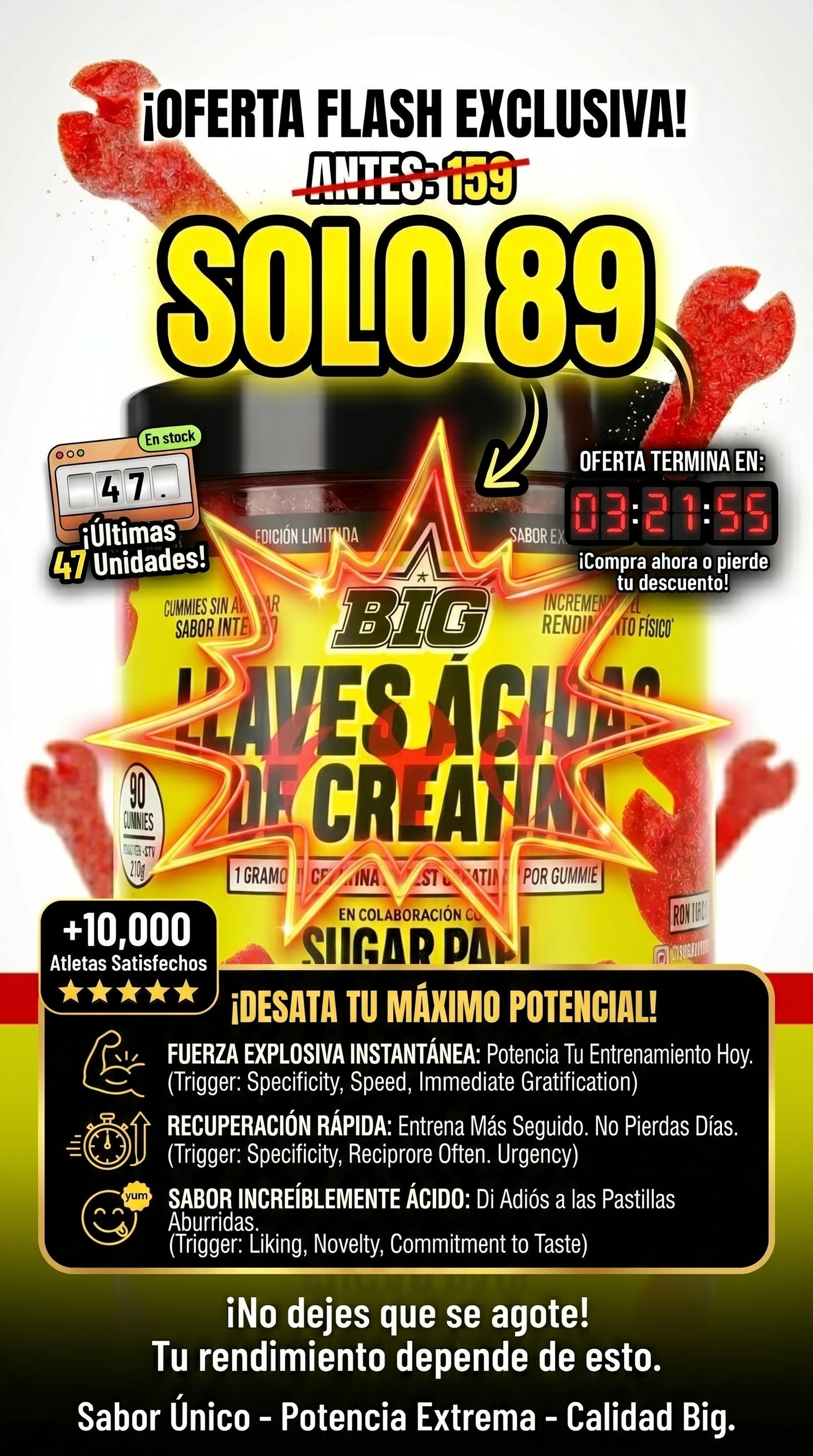 BIG LLAVES ÁCIDAS DE CREATINA Monohidrato | Rendimiento y Energía | 90 Gummies (Sabor Ácido)