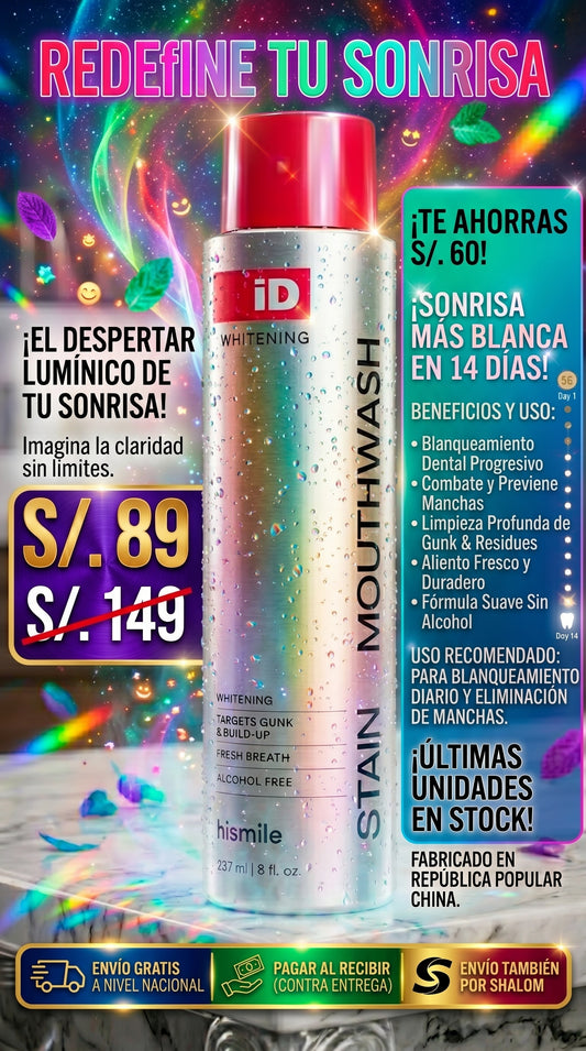 Hismile iD bain de bouche pour l'éclat des dents et pour un souffle frais aux huiles essentielles, 237 ml