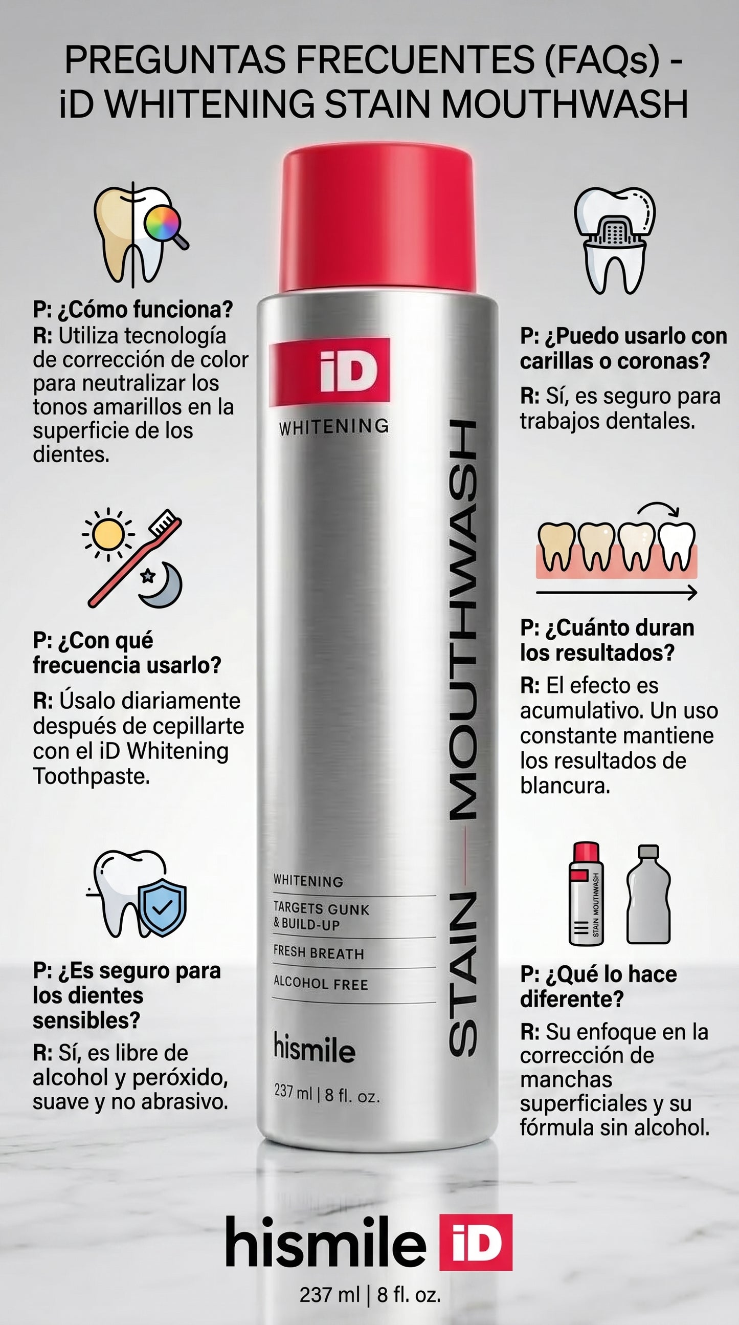 Hismile iD bain de bouche pour l'éclat des dents et pour un souffle frais aux huiles essentielles, 237 ml