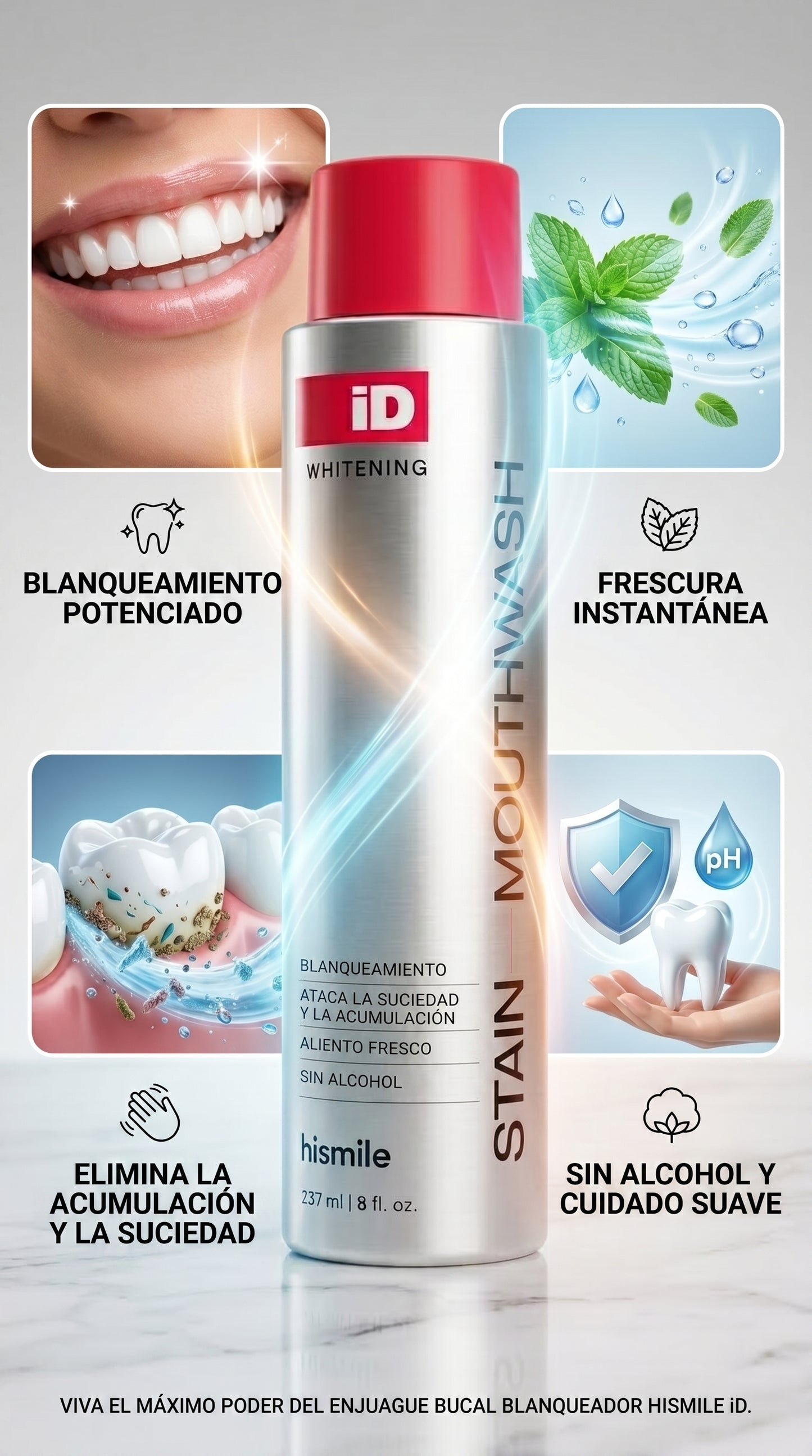 Hismile iD bain de bouche pour l'éclat des dents et pour un souffle frais aux huiles essentielles, 237 ml